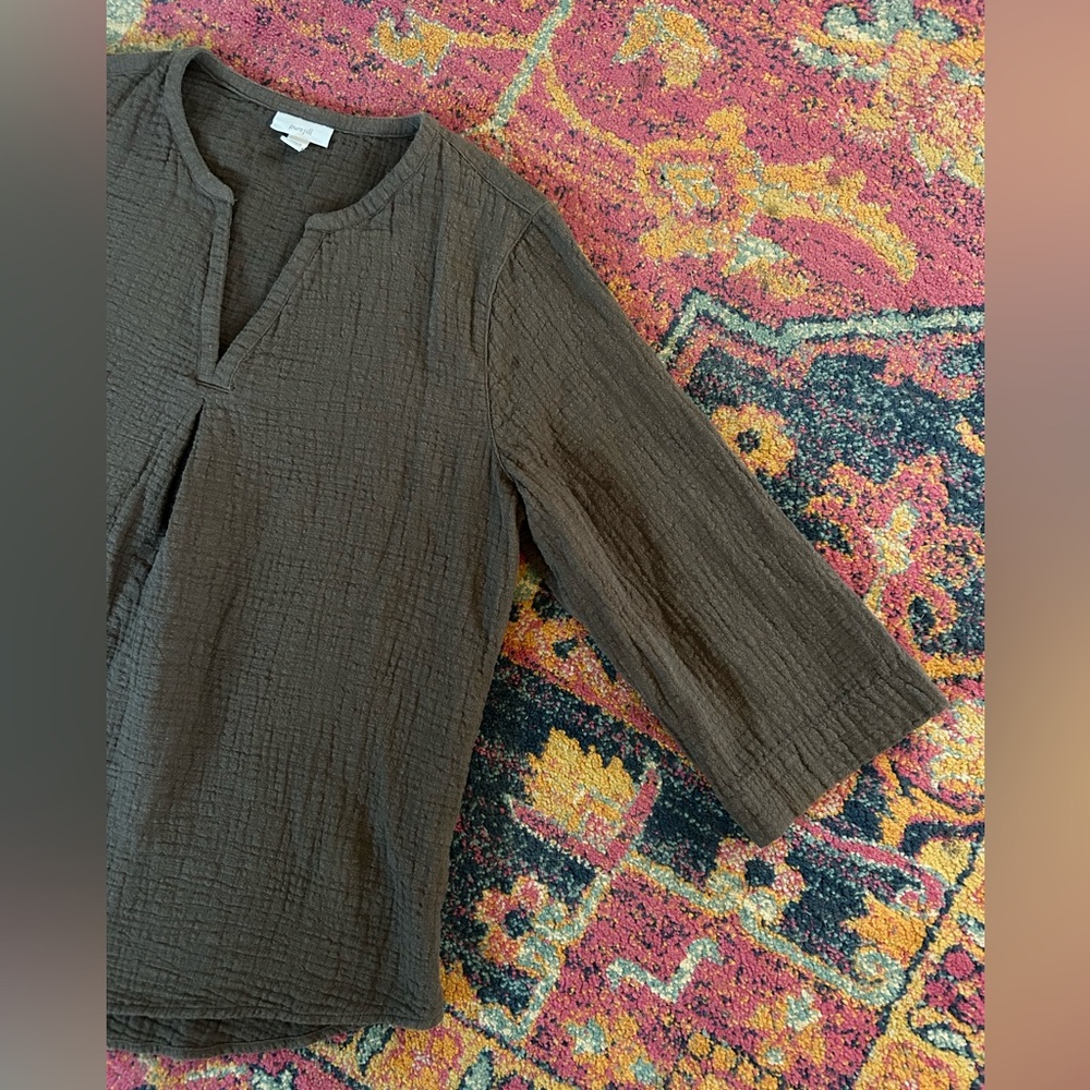 J. Jill | Women’s Brown Gauze Textured 3/4 Sleeve Vneck Round Hem Tunic Top, MP - Picture 8 of 14